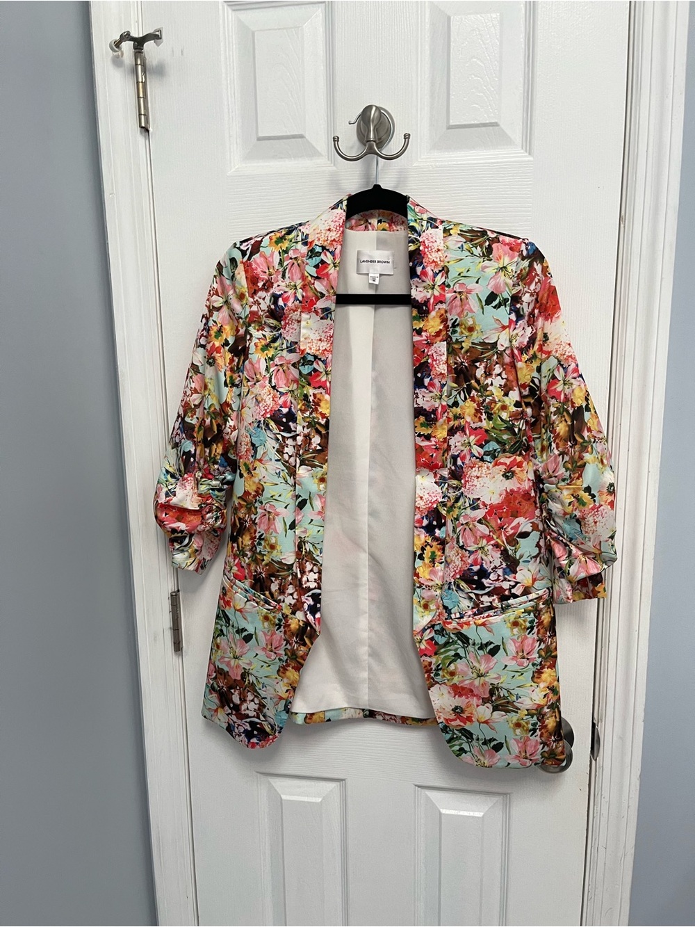 Lavender Brown open front blazer botanical floral print 3/4 sleeves Feminine XS